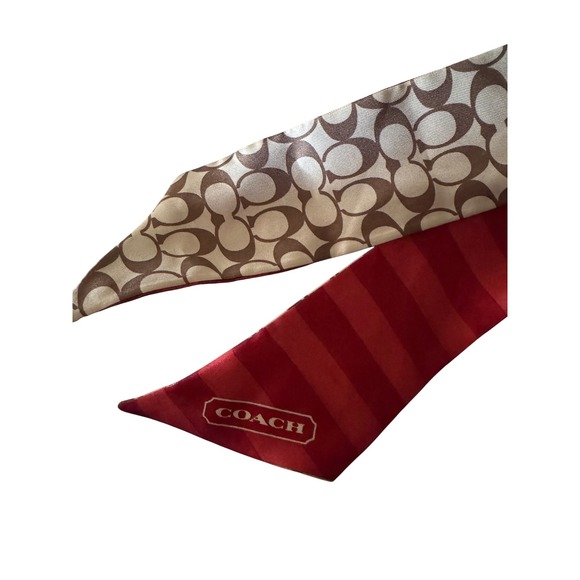 Coach Signature C Silk Blend Skinny Wrap Scarf Red Brown Accessory Purse Handbag - Picture 2 of 3